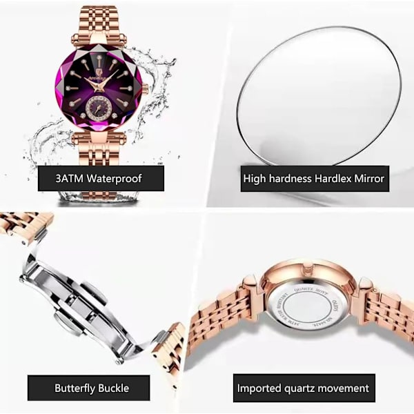 Lyxig damklocka med diamanturtavla, elegant klocka för kvinnor, läder, kvarts, damarmbandsur, vattentät, analog display, rostfritt stål