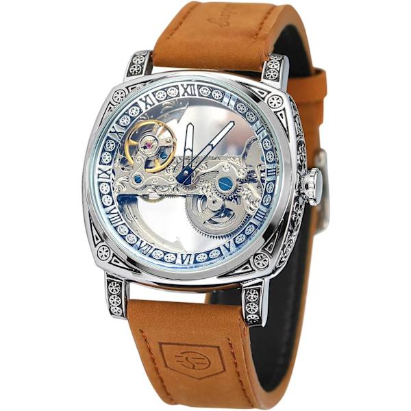 Europeisk ädel stil, lyxig mekanisk herrklocka, retro ihålig design, manuell och automatisk uppdragning, självlysande vattentät, läderarmband