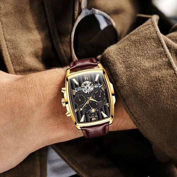 Automatiska herrklockor skelett retro rektangulär Tonneau affärs kostym läderarmbandsur månfas självlysande vattentålig