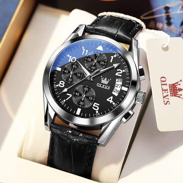 Herre Chronograph Quartz Lysende Pind Rustfrit Stål Vandtæt Ur (Sort)