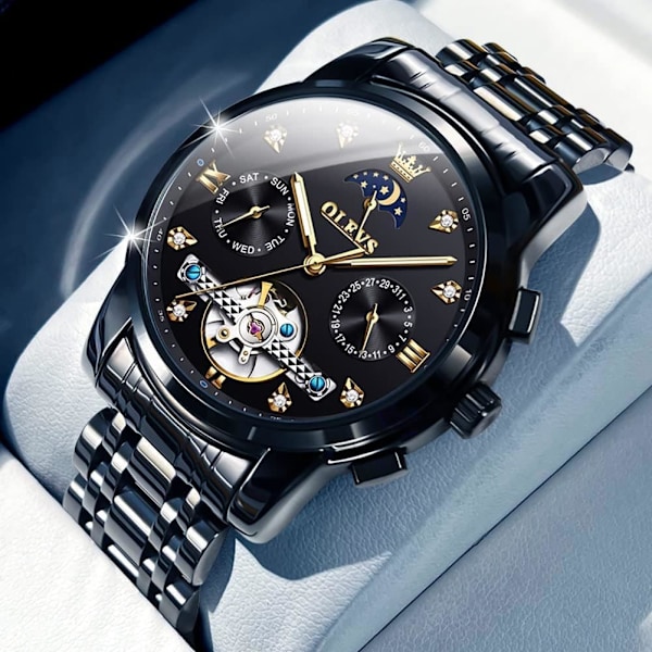 Automatiska herrklockor skelett Tourbillon självuppdragande diamant lyxarmbandsur rostfritt stål vattentät lysande månfas dag.