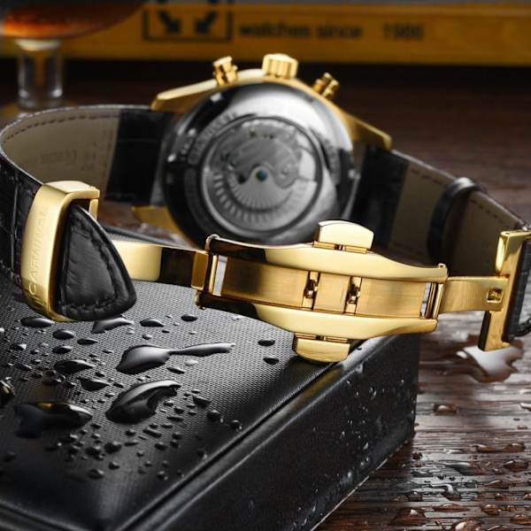 Automatiska herrklockor med självuppdragning, lyxiga skelettklockor med ihålig design och läderarmband för affärer