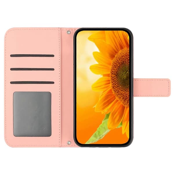 Etui til iPhone SE (2024) med håndledsrem, solsikkemønster, tegnebogsetui