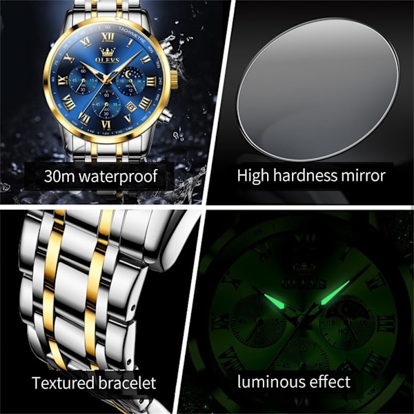 Herrklocka Analog Kvarts Rostfritt Stål Vattentät Luminous Datum Tvåfärgad Lyxig Casual Chronograph Klocka…