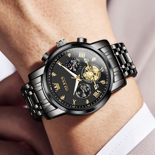 Skelettklockor för män, rostfritt stål, analog kvarts, månfas, herrklocka, diamant multi-kalender kronografklocka, vattentät armbandsur för män
