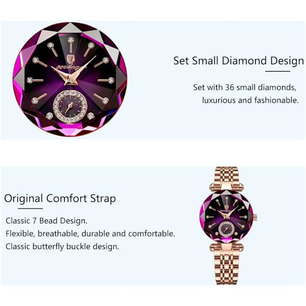 Lyxig damklocka med diamanturtavla, elegant klocka för kvinnor, läder, kvarts, damarmbandsur, vattentät, analog display, rostfritt stål