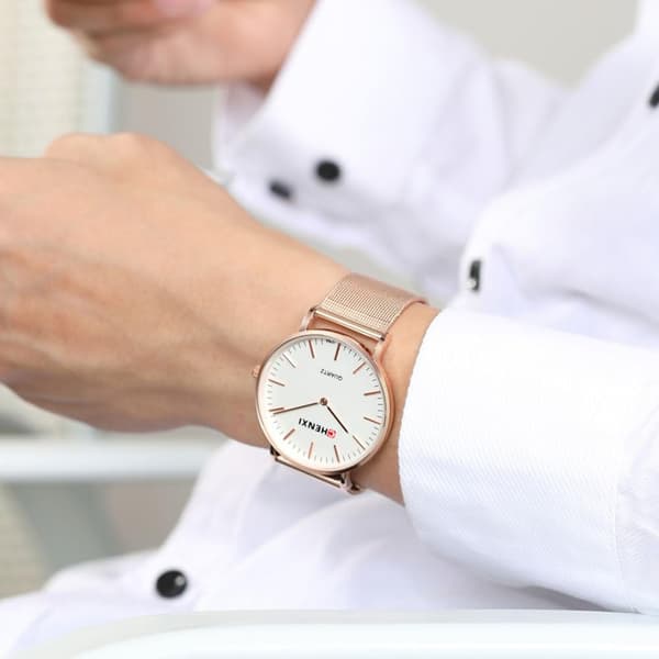 Parure ure til mænd og kvinder, rosaguld, rustfrit stål, mesh-rem, analogt quartz-ur