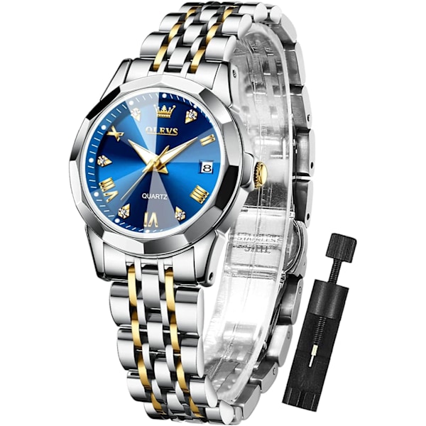 Damklocka, modeklänning, diamant damklockor för kvinnor Analog Quartz Rostfritt Stål Vattentät Luminous Dag Datum Tvåfärgad Armbandsur
