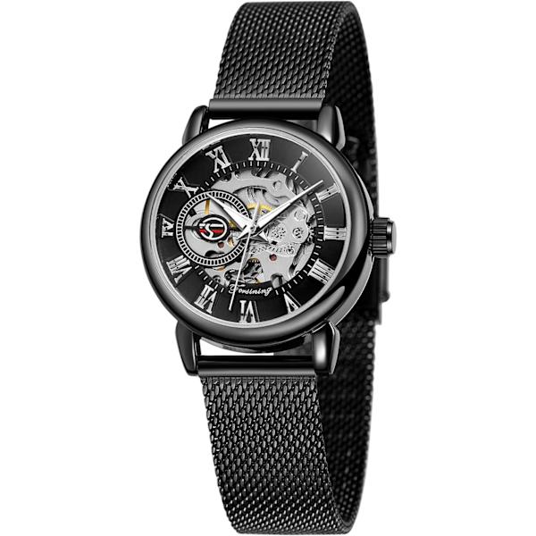 Ny Dam Mode Skelett Armbandsur Dam Casual Vattentät Självuppdragande Mekanisk Klocka med Rostfritt Stål Mesh Armband
