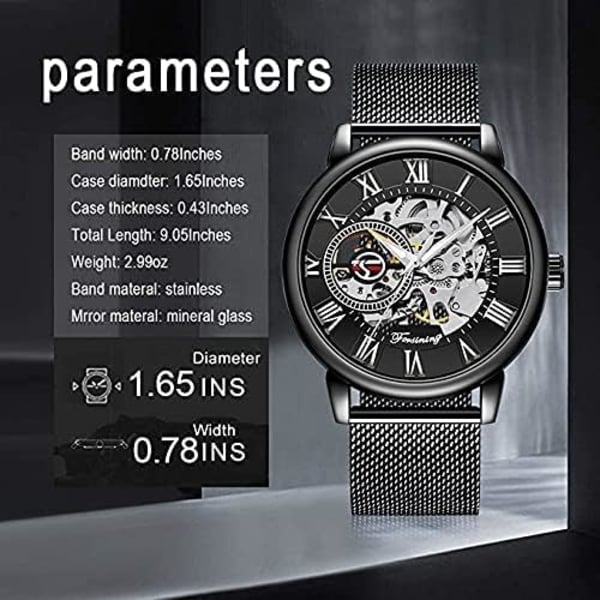 Skelettklocka för män Ihålig Mekanisk Klocka Handuppdrag Mesharmband Självlysande Klassisk Romersk Siffra Casual Armbandsur för Män