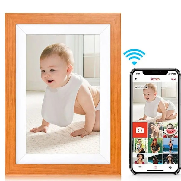 VEANXIN 10,1-tums digital fotoram, 1280x800 IPS LCD-pekskärm, inbyggt 32 GB minne, gult trä