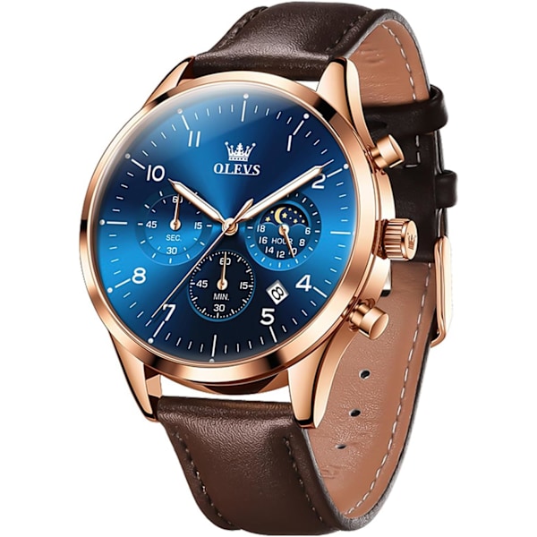 herrklockor svart läder analog kvarts kronograf lyx mode affärer lysande vattentät månfas datum armbandsur
