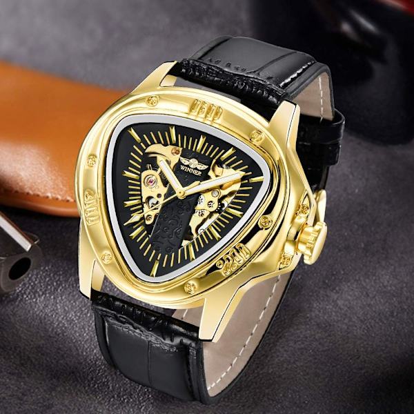 Triangel Gyllene Skelettklocka Mekanisk Automatisk Armbandsur Sport Silver Rostfritt Stål Herrklockor