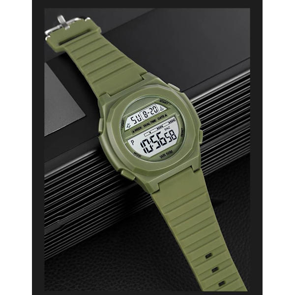 Sport Unisex Klockor Multifunktionell Digital Display Kalender Vecka PU Armband Quartz Vattentät 50ATM Herr och Dam Alarm Armbandsur