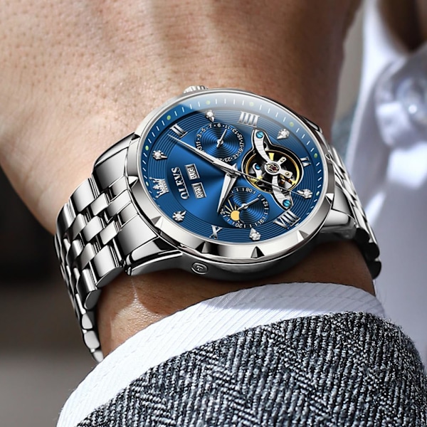 Automatisk herrklocka skelett mekanisk klassisk lyxig affärs diamant rostfritt stål vattentät lysande datum kalender armbandsur för män