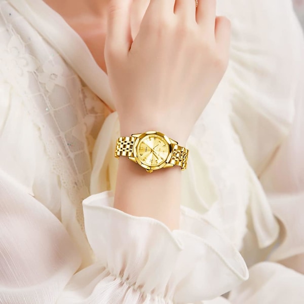 Damklocka Guld diamant klassisk elegant armbandsur rostfritt stål vattentät datum