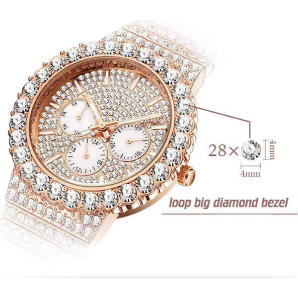 Hip Hop Herrklocka Bling Lyxig Stil Full Diamant Rostfritt Stål Datum Vecka Quartz Analog Display Vattentät Herrarmbandsur