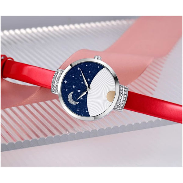 Elegant Läderklocka för Kvinnor Stjärnklar Himmel Fläktmönstrad Urtavla Design Vattentäta Dam Kristall Quartz Armbandsur