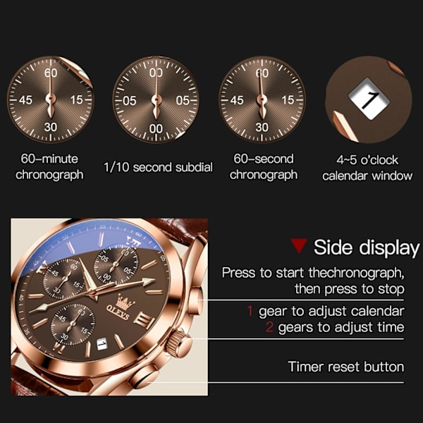 Herrklocka i Läder Stor Urtavla Vattentät Kvarts Chronograph med Datum (Brun)