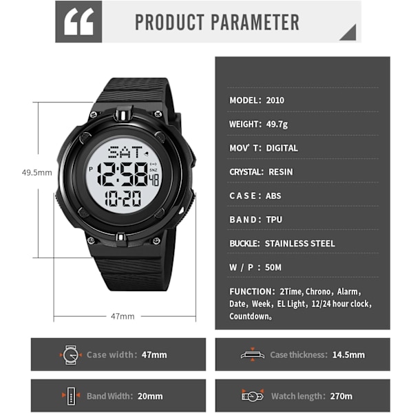 LED Digital Herrklocka Utomhus Sport Multifunktion Armbandsur Alarm Datumklocka för Män 50M Vattentät TPU Rem