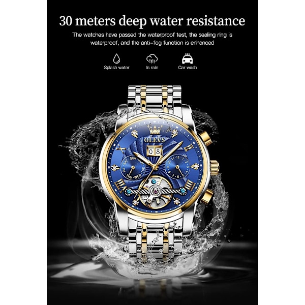 Automatisk herrklocka Skelett 5 visare mekanisk klassisk lyx multi-kalender rostfritt stål vattentät armbandsur herrklocka