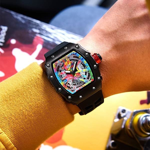 Herrklocka Tonneau Lysande Visare Silikonarmband Graffiti Urtavla Analog Display Kalender Kvarts Vattentät Kreativ Lyxig Armbandsur för Män