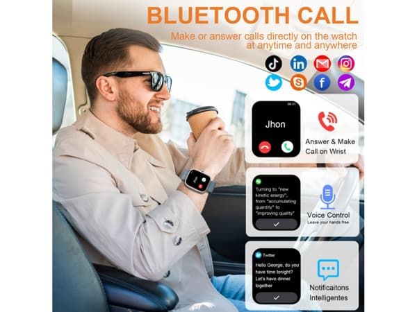 Smartklocka med Bluetooth-samtal, väderuppdateringar, pulsmätning och blodtrycksmätning, stegräknare