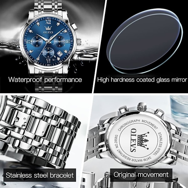 Multifunktionell Vattentät Luminous Chronograph Klocka för Män med Flera Urtavlor (Guld Silver)