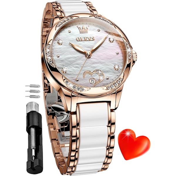 Automatisk damklocka för kvinnor, diamantarmbandsur, lyxig klänning roséguld keramikklocka för kvinnor, kärlekshjärta