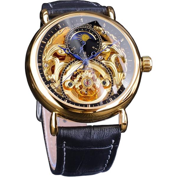 Lyxig herrklocka med månfas & Tourbillon, Retro Skelett Hollow Självuppdragande Mekanisk Armbandsur, Läderrem Automatisk Rörelse Herrklockor