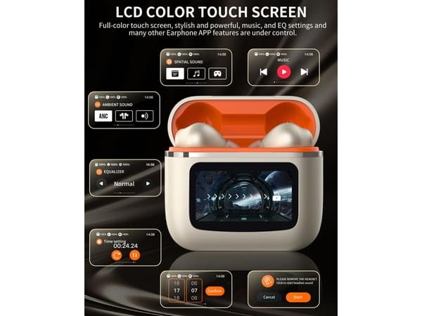 Hifi Stereo Smart Touch LCD Tyg Bluetooth Hörlurar med Brusreducering Guld