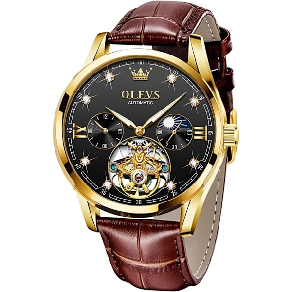 Herrklockor i läder, automatisk mekanisk skelett Tourbillon Diamant Lyx självuppdragande armbandsur Månfas vattentät självlysande