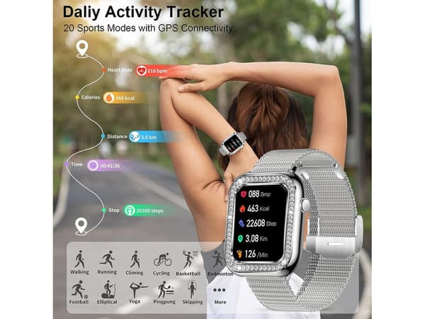Smartwatch 1.57'' Dame Bluetooth Opkald med Damefunktion Søvn Ip67 Vandtæt Sølv
