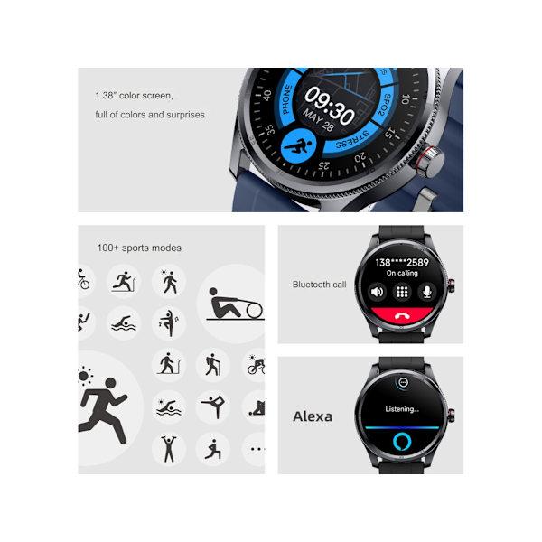 Smartklokke Bluetooth-anrop Stemmeassistent Sport Helse Hjertefrekvens Blodoksygenovervåking Assistent