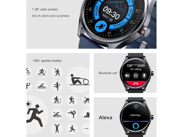 Smartwatch med Bluetooth-opkald, stemmeassistent, sport, sundhed, pulsmåling, iltmåling og assistent