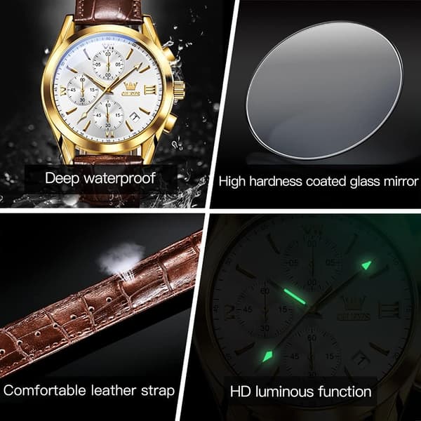 Herre Chronograph Lysende Viser Læderrem Quartz Rustfrit Stål Vandtæt Ur (Blå)