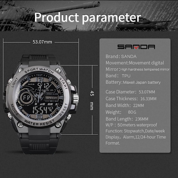 Klocka, Vattentät Militär Digital Analog Klockor, Sport Utomhus Armbandsur Datum Multifunktion Taktik LED Alarm Stoppur