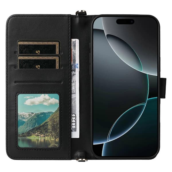 Plånboksfodral för iPhone 16 Pro med axelrem, läderfodral