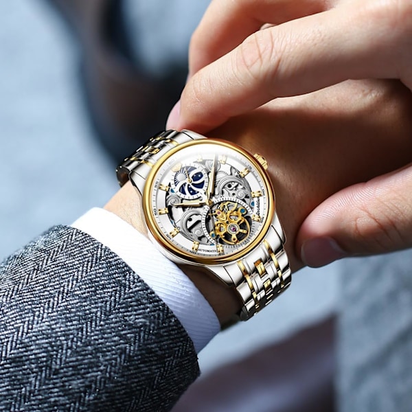 Skelettklocka för män Lyxig klänning svart läder silver guld Tourbillon Månfas automatisk mekanisk självuppdragande vattentät lysande armbandsur...