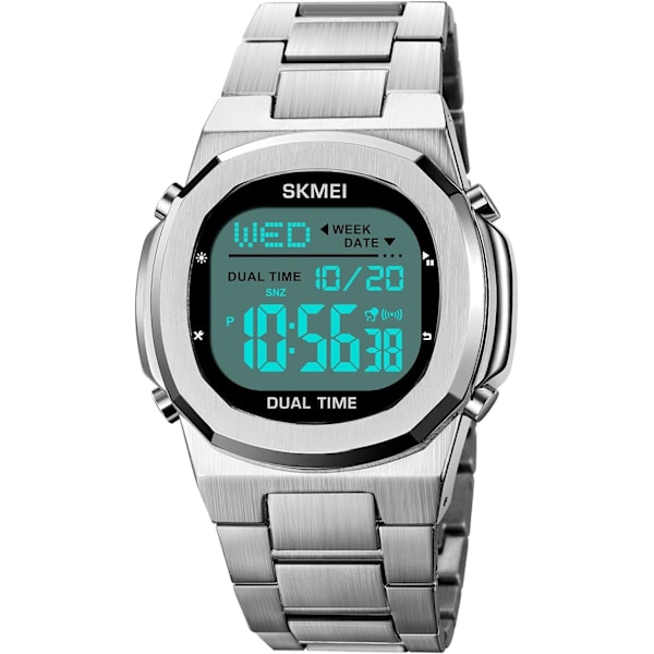 Dual Time LED Digital Klocka för Män Multifunktion Armbandsur Rostfritt Stål Business Vattentät Klocka Datum Alarm