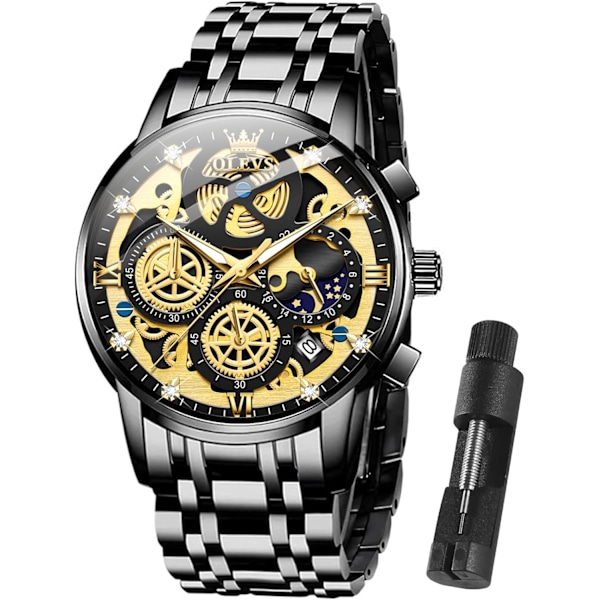 Herr Diamant Chronograf Klocka Multifunktion Datum Vattentät Rostfritt Stål Klocka (Svart)