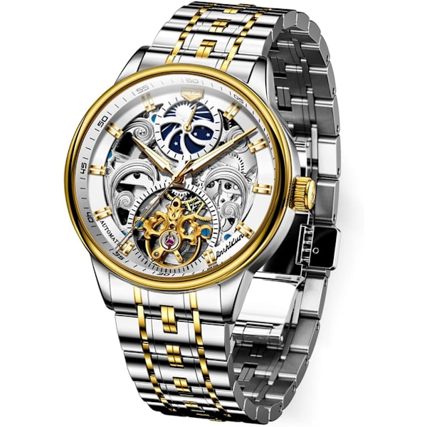 Skelettklocka för män Lyxig klänning svart läder silver guld Tourbillon Månfas automatisk mekanisk självuppdragande vattentät lysande armbandsur...