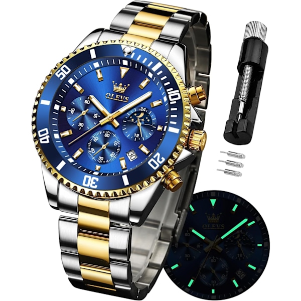 Herrklockor rostfritt stål analog kvarts kronograf månfasklocka vattentät lysande armbandsur för män present