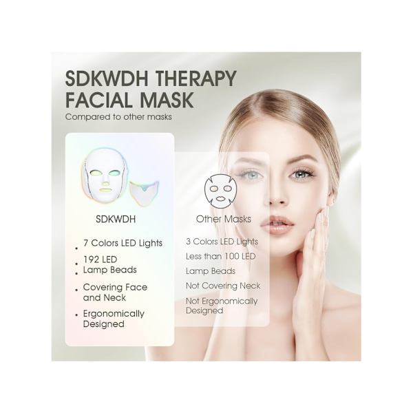 LED Ansiktsmask Ljusterapi, Rött Ljusterapi för Ansikte, 7-1 Färg LED Hudvård Ansiktsmask (Vit)