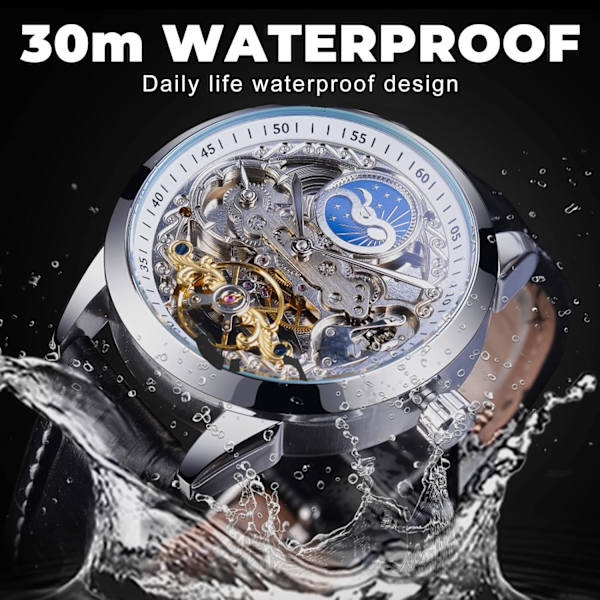 Herrklocka Skelett Månfas Mekanisk Självuppdragande Tourbillon Dubbla Tidszoner Klockor Automatisk Lyxigt Läderarmband Stor Urtavla Armbandsur