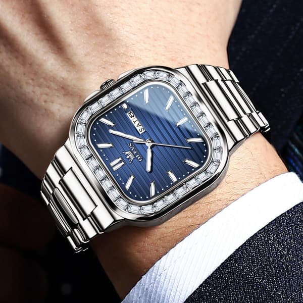 Herrklocka Enkel Diamant Quartz Rektangulär Vattentät Lysande Rostfritt Stål med Datum (Silver-Blå)