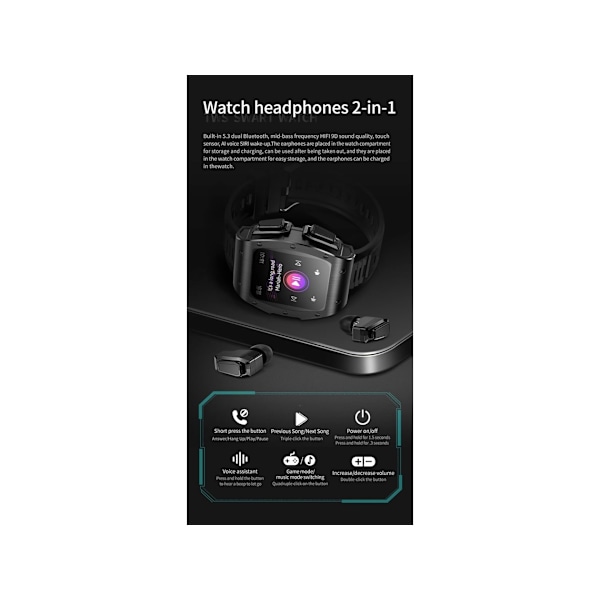 Smartklocka med Hörlurar 2 i 1 Militär Bluetooth Smart Klocka 1.91 Tum IPS HD Skärm för Män Militär Fitness Tracker