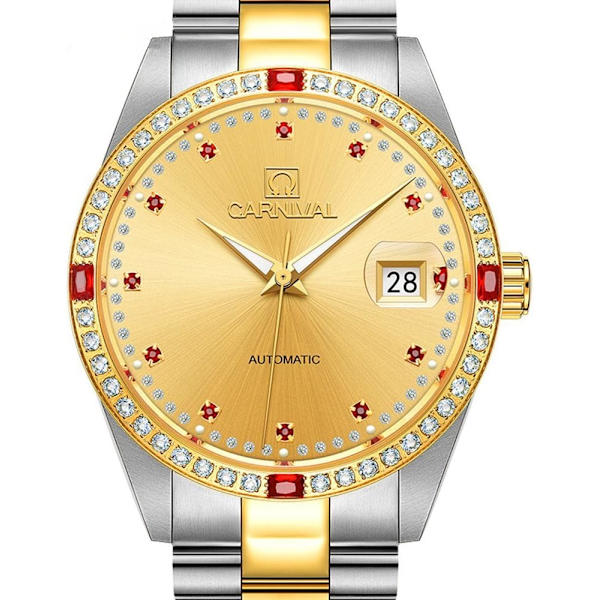 Herr Analog Automatisk Mekanisk Klocka Lysande Kalender Rostfritt Stål Armband Diamant 18K Guld Klocka