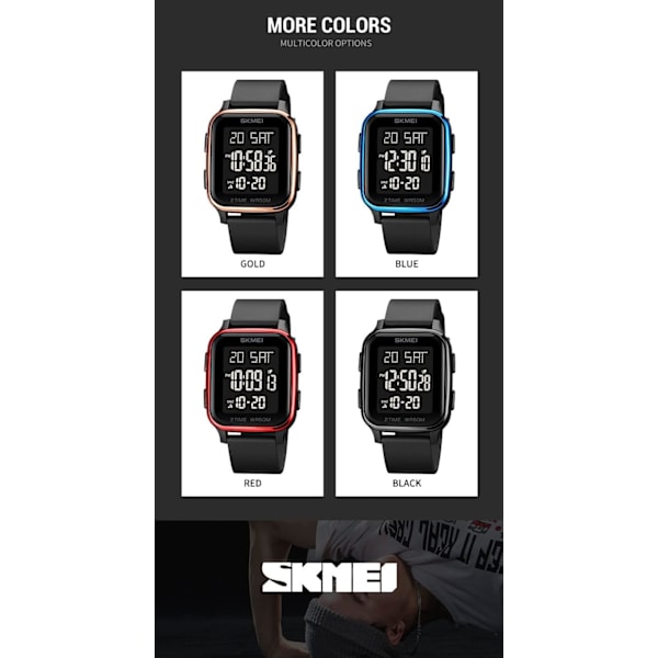 Klassisk Fyrkantig Urtavla Unisex Dam Herr Digital Multifunktionell Utomhus Casual Klocka Nedräkning 50M Vattentät LED-ljus Armbandsur