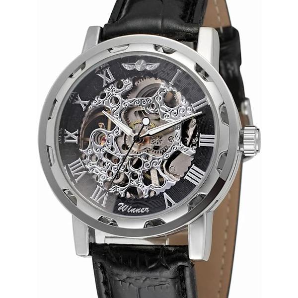 Herrklocka Mode Mekanisk Armbandsur Transparent Urtavla med Skelettdesign Läderarmband Automatisk Manuellt Uppdragbar Klocka